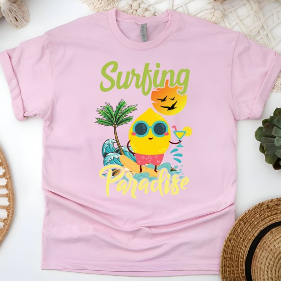 Surfing Paradise T-Shirt – Cute Lemon Surfer Summer Graphic Tee, Light Pink, Size 5XL