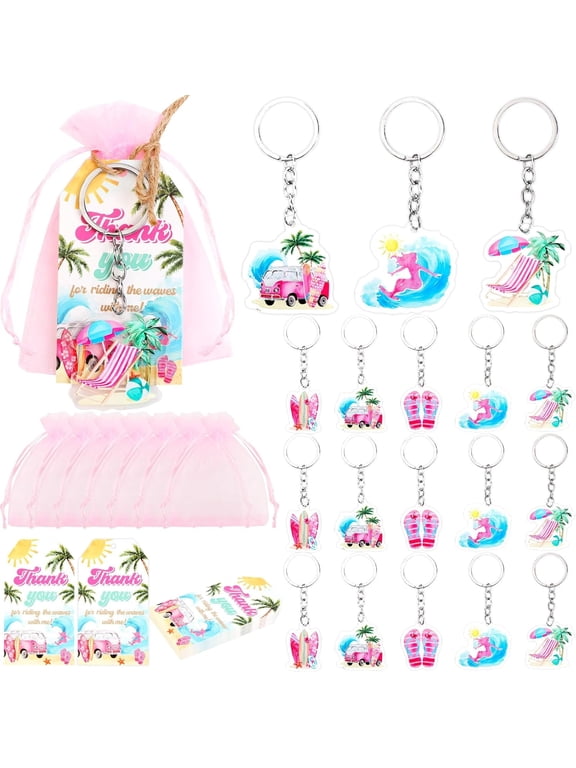 Surfing Party Favor, 72pcs Surfing Baby Shower Birthday Decorations with Surf Board Keychains Thank You Tags Pink Organza Bags for Summer Sunshine The Big One First Birthday Party