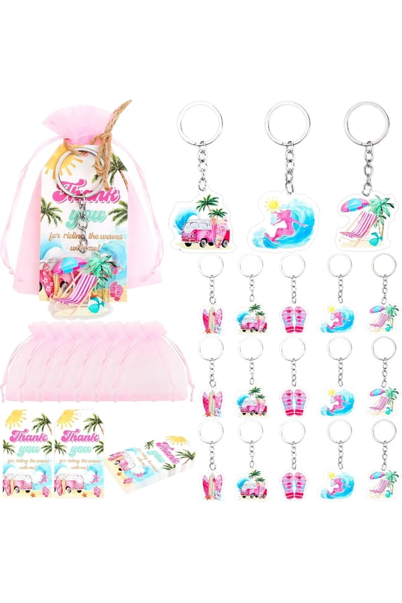 Surfing Party Favor, 72pcs Surfing Baby Shower Birthday Decorations with Surf Board Keychains Thank You Tags Pink Organza Bags for Summer Sunshine The Big One First Birthday Party