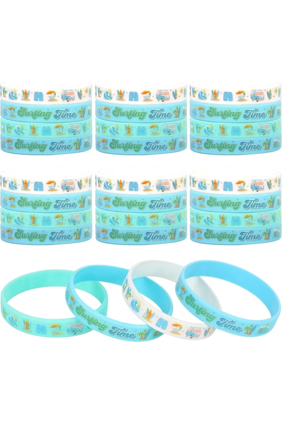 Surfing Party Favors Bracelet, 24pcs Surf Board Birthday Decorations Silicone Bracelets Blue The Big One Birthday Theme Surf Birthday Party Gift Bracelets for Boys Summer Theme Birthday