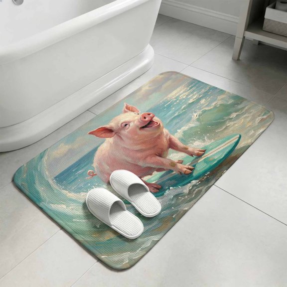 Surfing Pig Bathroom Rugs Non Slip Washable Bath Mat Absorbent Low Pile Front Door Mat Oil Painting Funny Animal Beach Summer Indoor Doormat for Kitchen Entryway Shower Decor Accessories 15.7"x23.6"