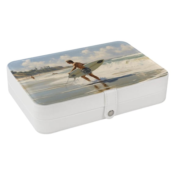 Surfing Portable PU Leather Earring Holder with Removable Compartment, Necklace Organizer, Display Case, and Storage Box