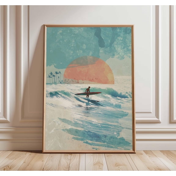 Surfing Retro Beach Ocean Wave Surf Artwork Sunset Coastal Nautical Home Decor Living Room Bedroom, Unframed Poster