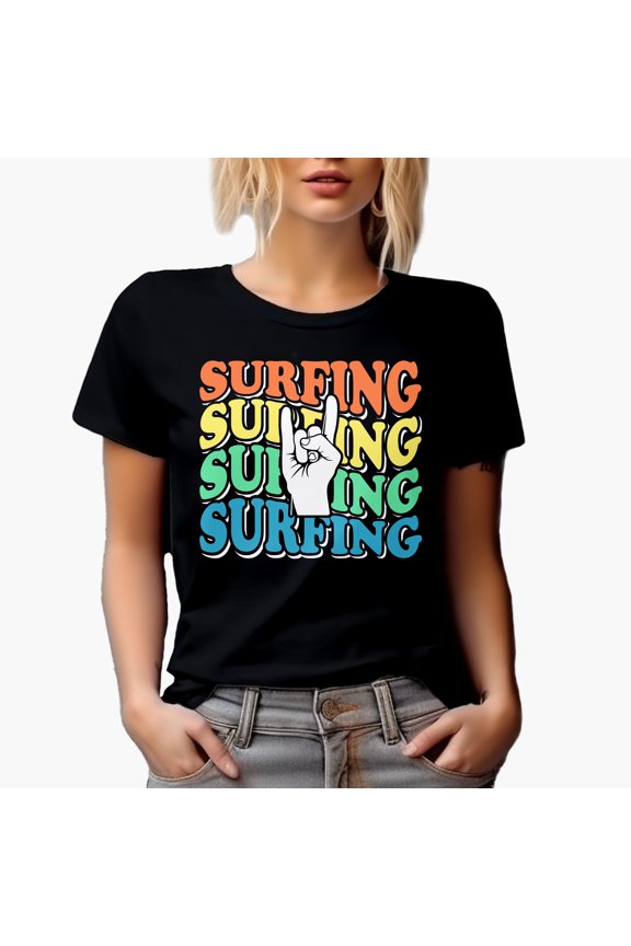 Surfing, Retro Wavy Text with Rock Hand Sign, Black T-Shirt, Large