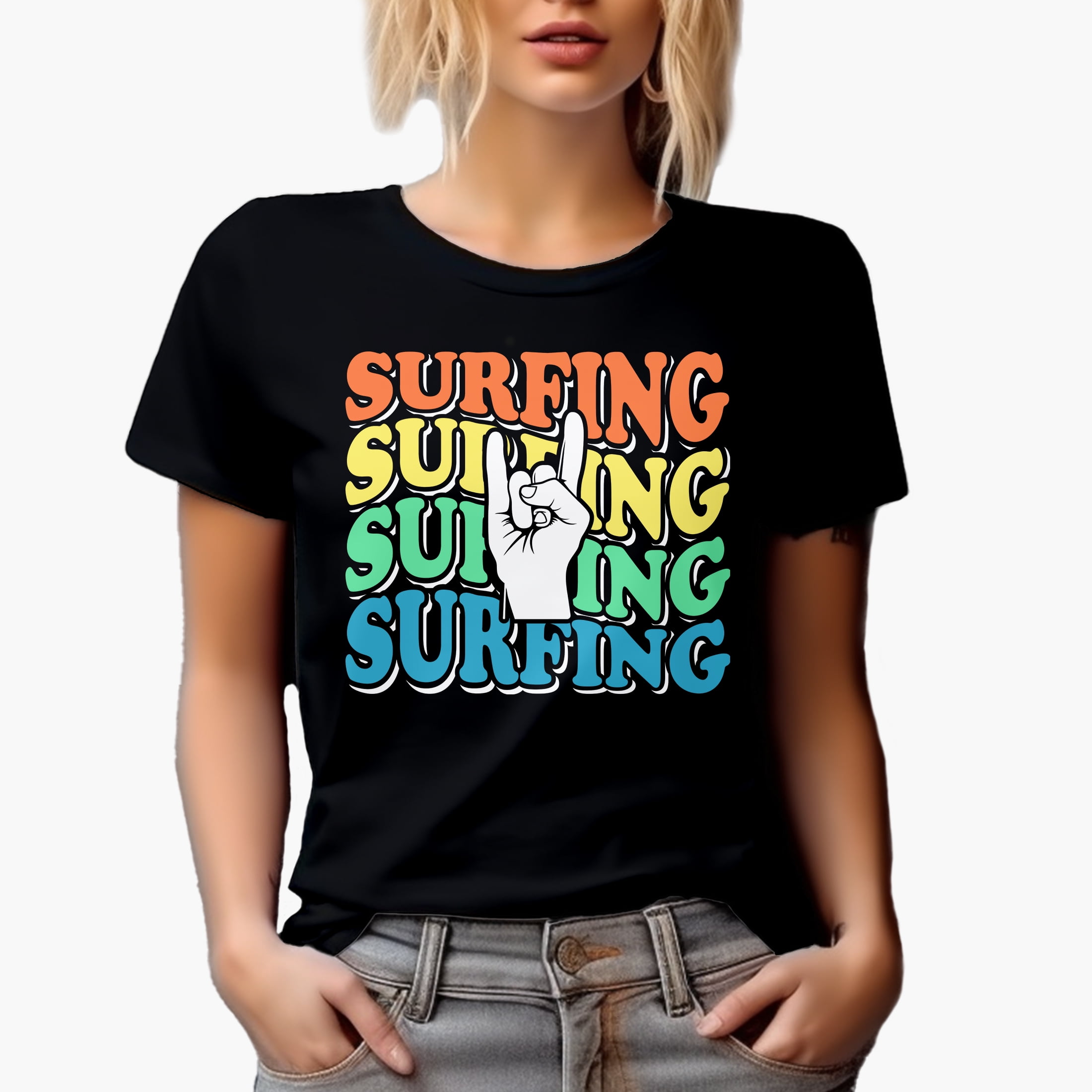 Surfing, Retro Wavy Text with Rock Hand Sign, Black T-Shirt, Small