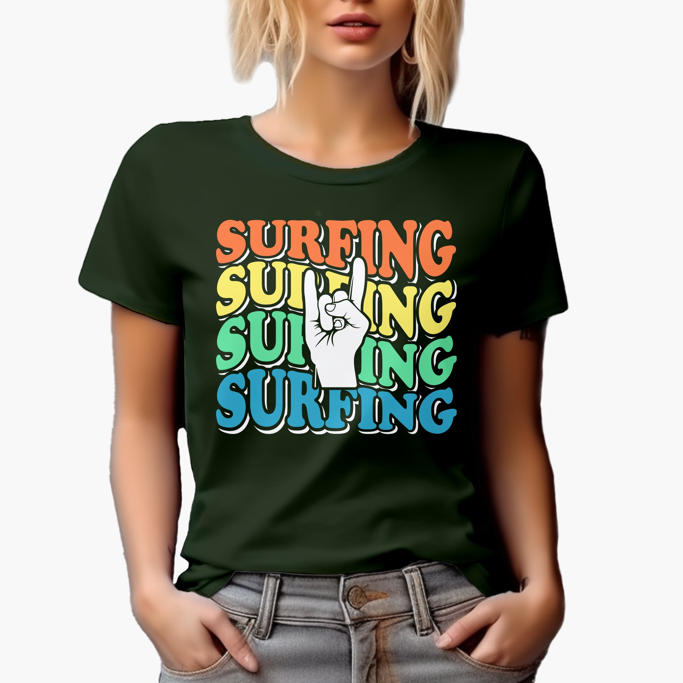 Surfing, Retro Wavy Text with Rock Hand Sign, Military Green T-Shirt, XL