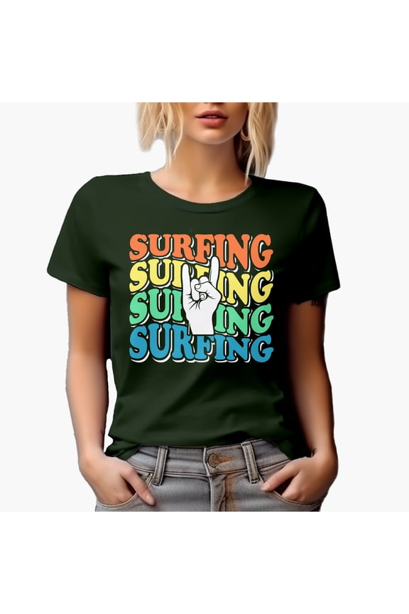 Surfing, Retro Wavy Text with Rock Hand Sign, Military Green T-Shirt, XL