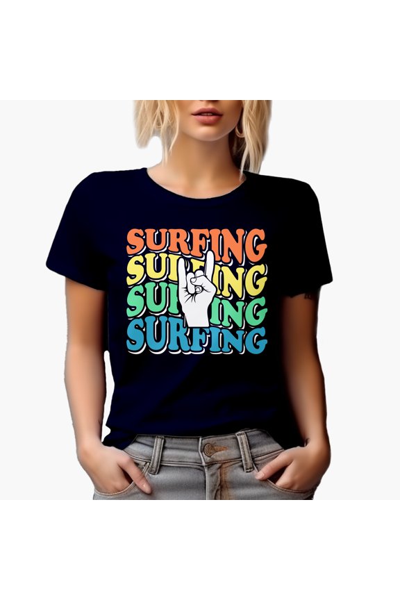 Surfing, Retro Wavy Text with Rock Hand Sign, Navy Blue T-Shirt, Small