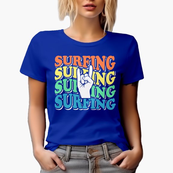 Surfing, Retro Wavy Text with Rock Hand Sign, Royal Blue T-Shirt, 2XL