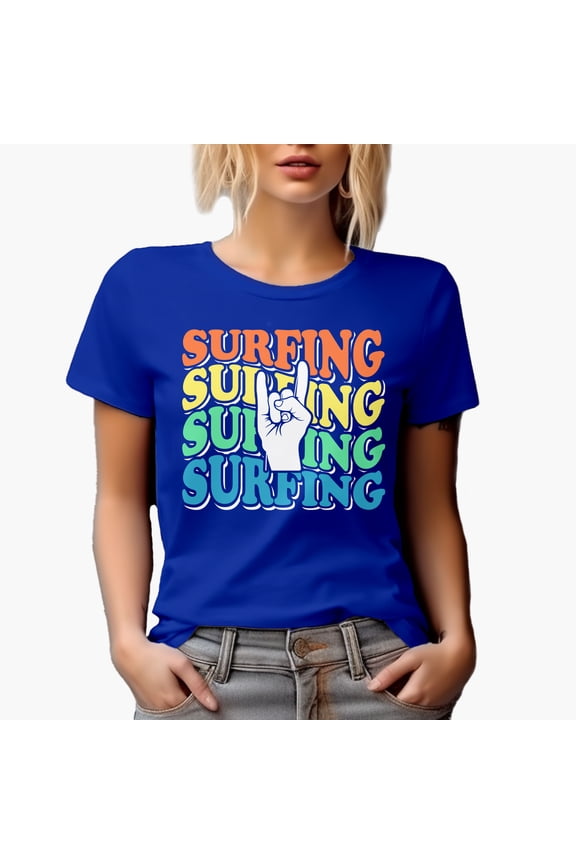 Surfing, Retro Wavy Text with Rock Hand Sign, Royal Blue T-Shirt, Small