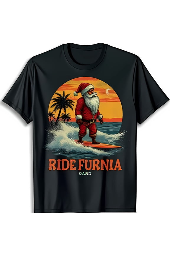 Surfing Santa Claus Black T-Shirt Festive Christmas Graphic Tee