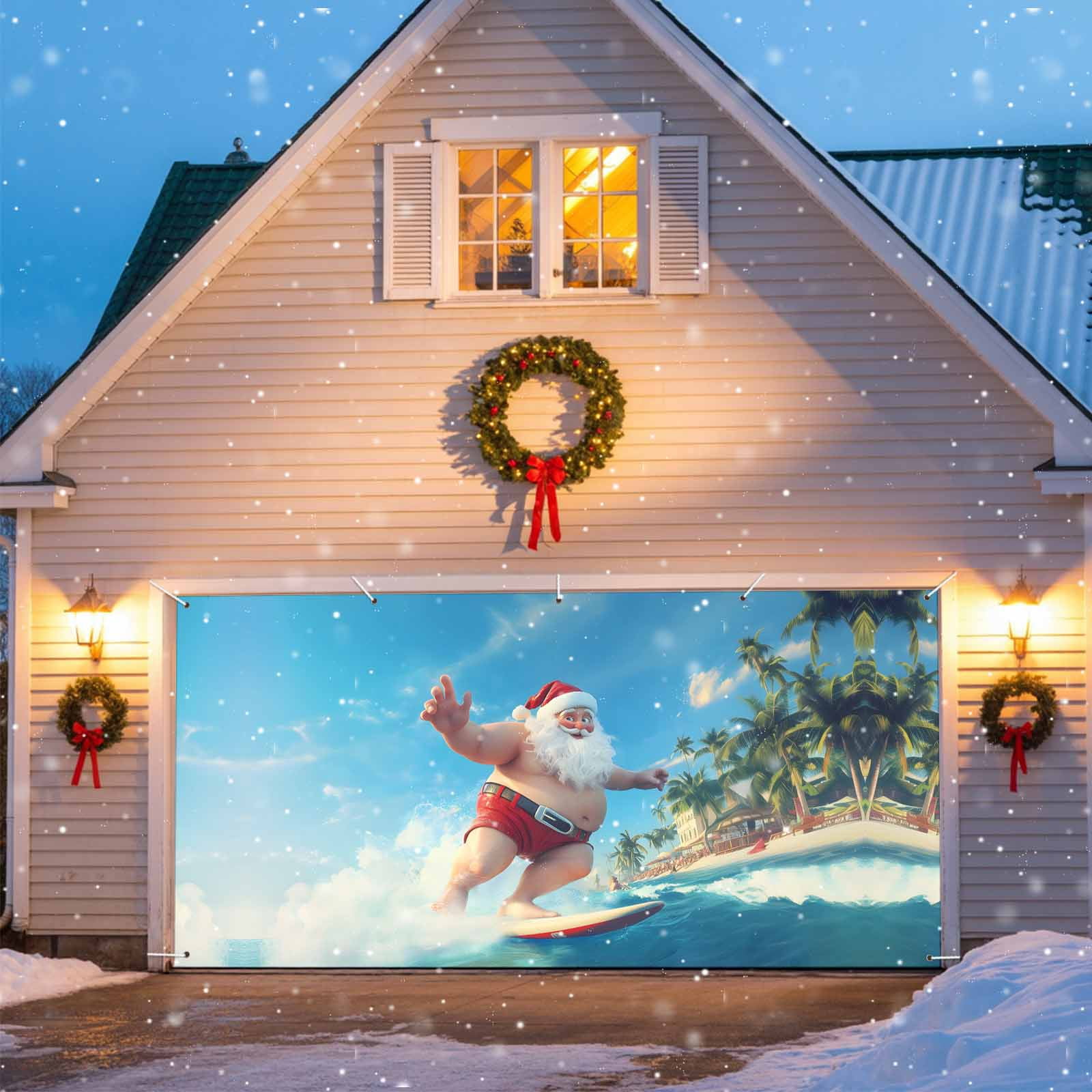 Surfing Santa Claus Christmas Garage Door Decorations, 6.9x16ft Garage