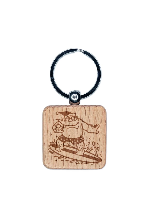 Surfing Santa Claus Christmas Square Keychain Charm Tag - Engraved Wood