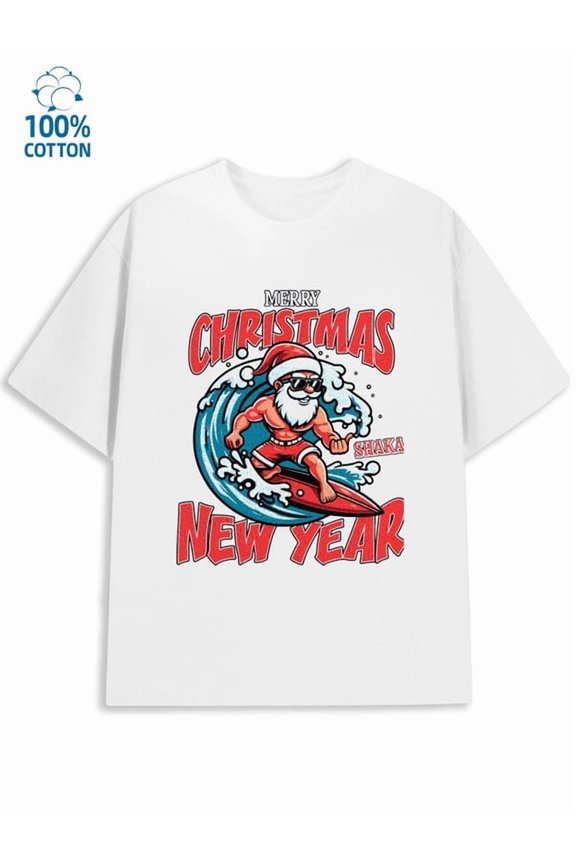 Surfing Santa Tee for men Christmas 180G Cotton white elegant Christmas crew Retro Unisex Shirt Printed tshirts Fashion Unisex Shirt Graphic tshirts