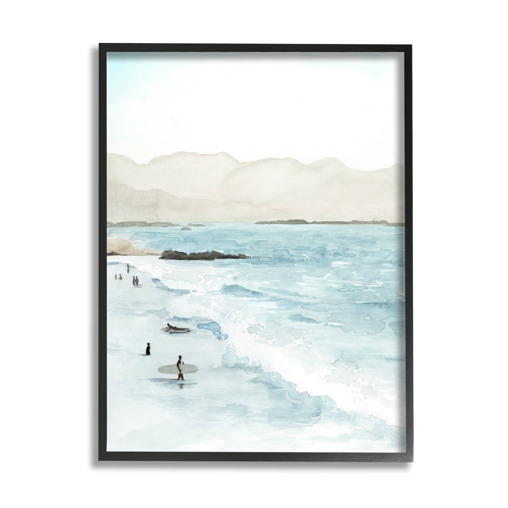 Surfing Shoreline Sea Waves Foggy Mountains Coastal Painting Framed Art Print Wall Art
