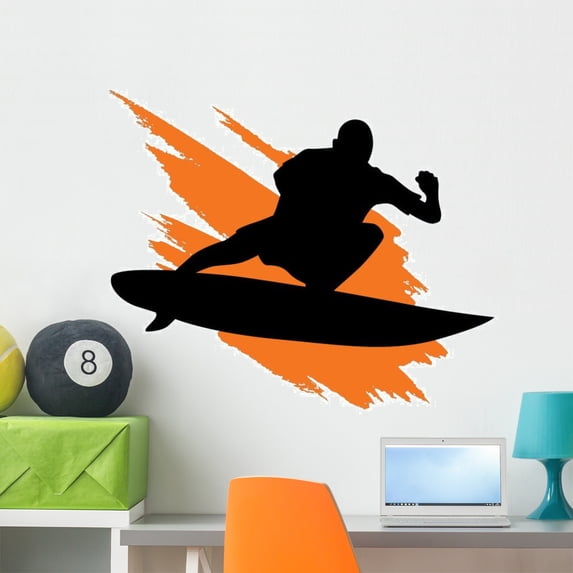 Surfing Silhouette with Orange Wall Decal Sticker, Wallmonkeys Peel & Stick Vinyl Graphic (36 in W x 25 in H)