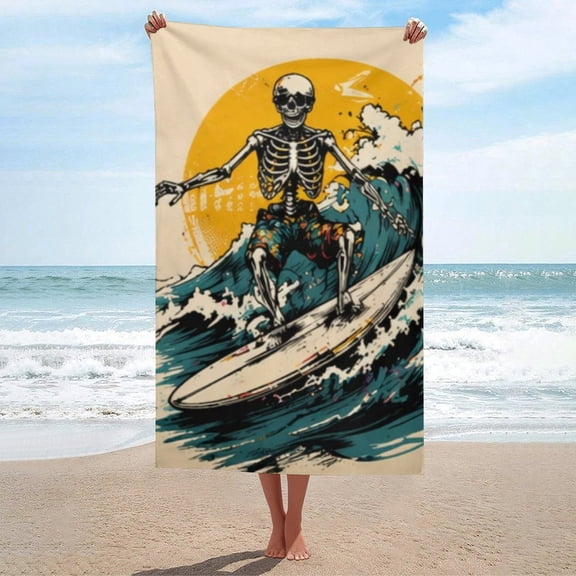 Surfing Skull Skeleton Beach Towel Oversized Microfiber Soft Quick Dry Super Absorbent Travel Towels Vacation Essentials For Swimming Bathroom Spa Pool Halloween Decoration