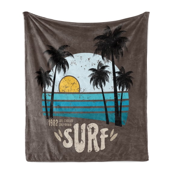 Surfing Soft Flannel Fleece Throw Blanket, California Los Angeles Beach Summer Western Hobby Activity Sports Graphic, Cozy Plush for Indoor and Outdoor Use, 50" x 70", Umber Blue Black, by Ambesonne