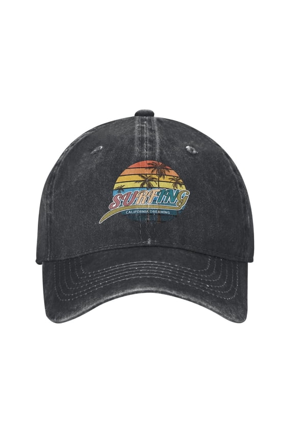 Surfing Sunset Palm Tree Baseball Cap Golf Dad Hat Adjustable Washed Denim Trucker Hats Unconstructed Snapback Cap for Men Women Unisex Adult,Black