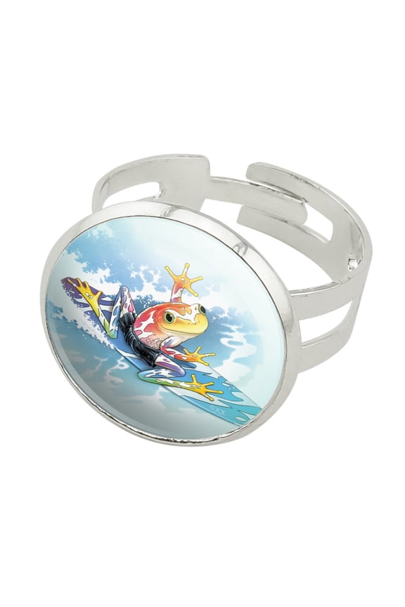 Surfing Surf Rainforest Tree Frog Tropical Silver Plated Adjustable Novelty Ring