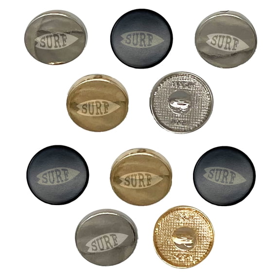Surfing Surfboard Fun Text Set of 10 Metal 0.6" (15mm) Sewing Shank Round Buttons - Silver Color