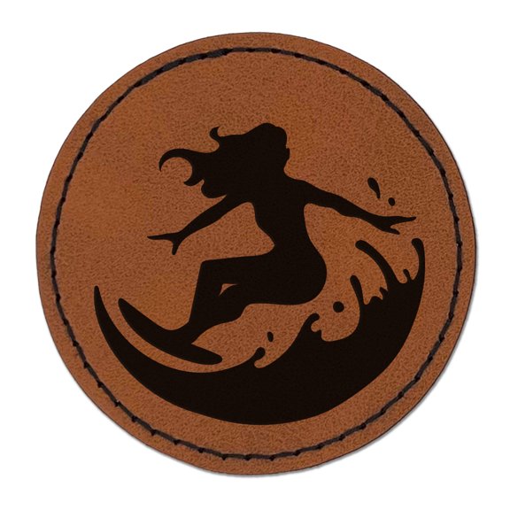Surfing Surfer Girl on Wave 2.5" Faux Leather Round Engraved Iron-On Patch - Brown