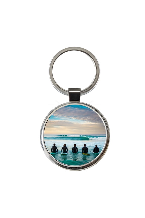 Surfing Surfers Surfboards Lineup Ocean Metal Round Keychain