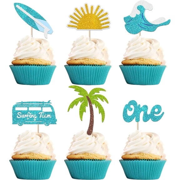 Surfing Theme First Birthday Cupcake Toppers, The Big One Party Decorations, Glitter Surfboard, Wave, Sun, Palm Tree Picks, 12 PCS