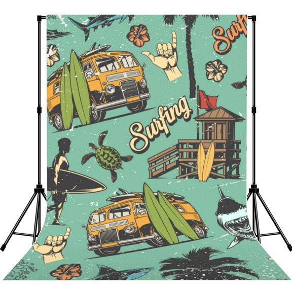 Surfing Vintage Shark Hawaii Turtle Tiki Photography Backdrop 5x7Ft Background for Photo Studio Video Recording Birthday Party Wedding Home Decor