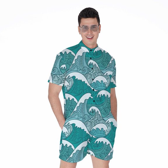Surfing Wave Pattern Short Sleeve Men'S Rompers Casual Summer Jumpsuits Outfit