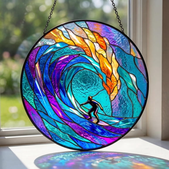 Surfing Wave Stained Glass Suncatcher, Surfer Inside Circle Wave Window Hanging, Ocean Glass Art Decor, Beach Lover Gift