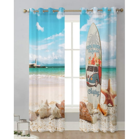 Surfing Waves Sunset Coconut Trees Tulle Drapes Living Room Bedroom Sheer Window Curtains Kitchen Balcony Modern Voile Curtains