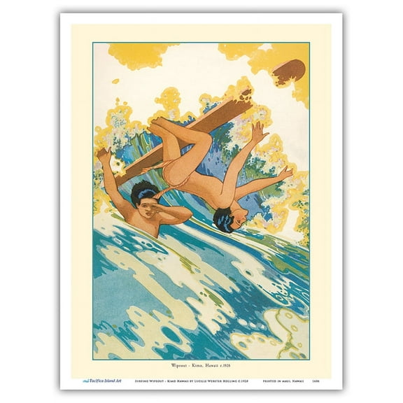 Surfing Wipeout - Book Plate From Kimo A Story of Hawaii - Vintage Illustration by Lucille Webster Holling c.1928 - Master Art Print (Unframed) 9in x 12in