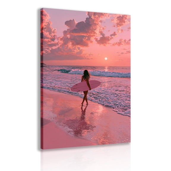 Surfing girl wall art frame, girl holding surfboard coastal surfing poster, ocean art print, surfing gift, beach theme, suitable for bedroom, living room and beachfront villa home decoration.