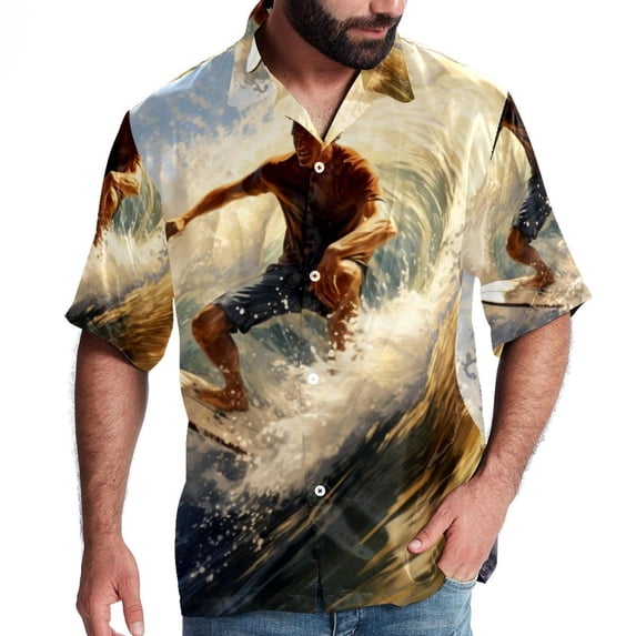 Surfing in Summer Men's Casual Printed Button Down Short Sleeve Spread Collar Beach Shirts for Summer, Unisex