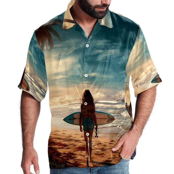 Surfing in Summer Men's Short Sleeve Printed Poplin Shirt with Spread Collar Tops - Casual Button Down Summer Beach Shirt for Men and Women