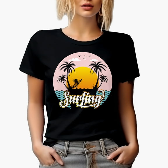 Surfing with Palm Trees, Sun & Surfer, Black T-Shirt, Medium