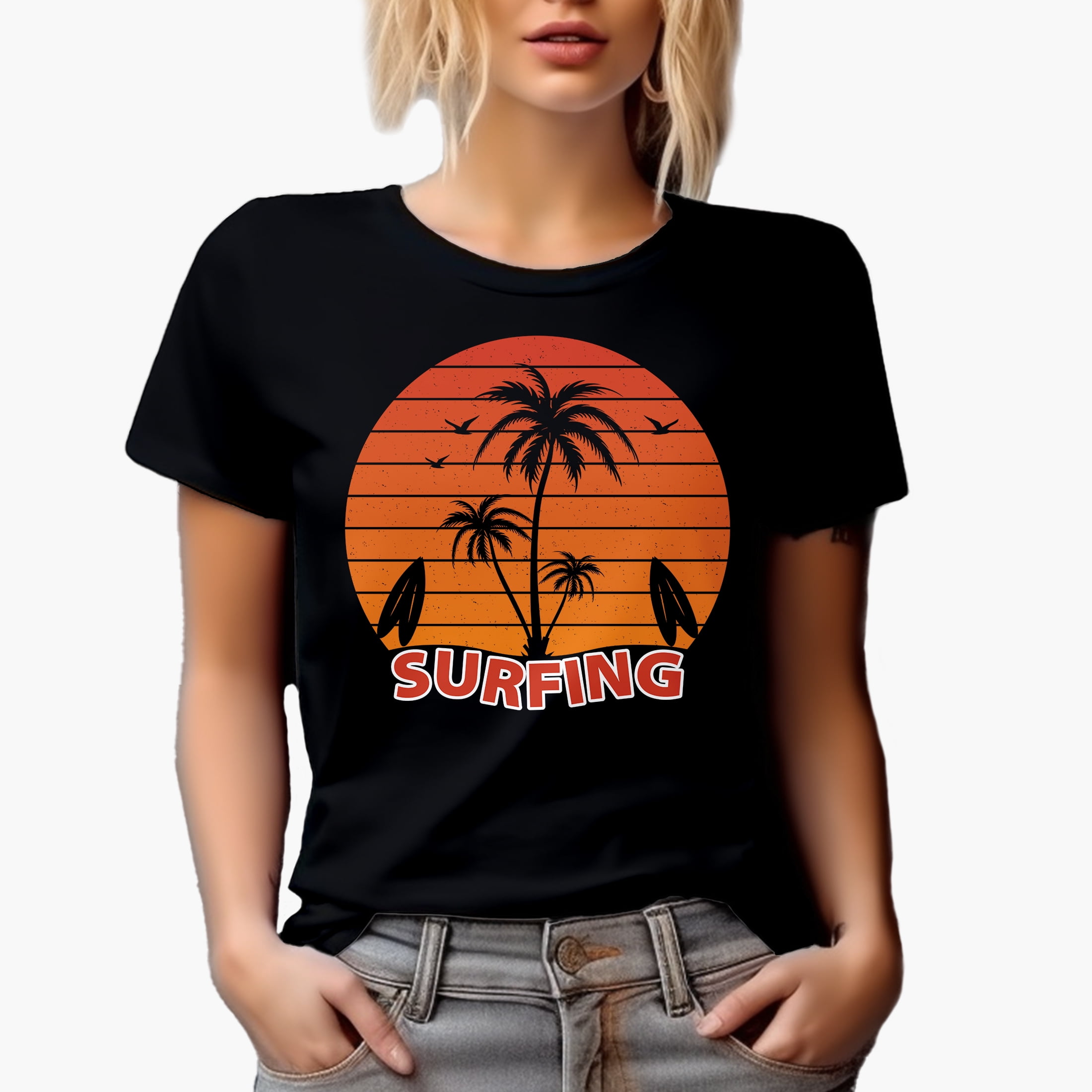 Surfing with Retro Gradient Sunset, Palm Trees & Surfboards, Black T-Shirt, 2XL