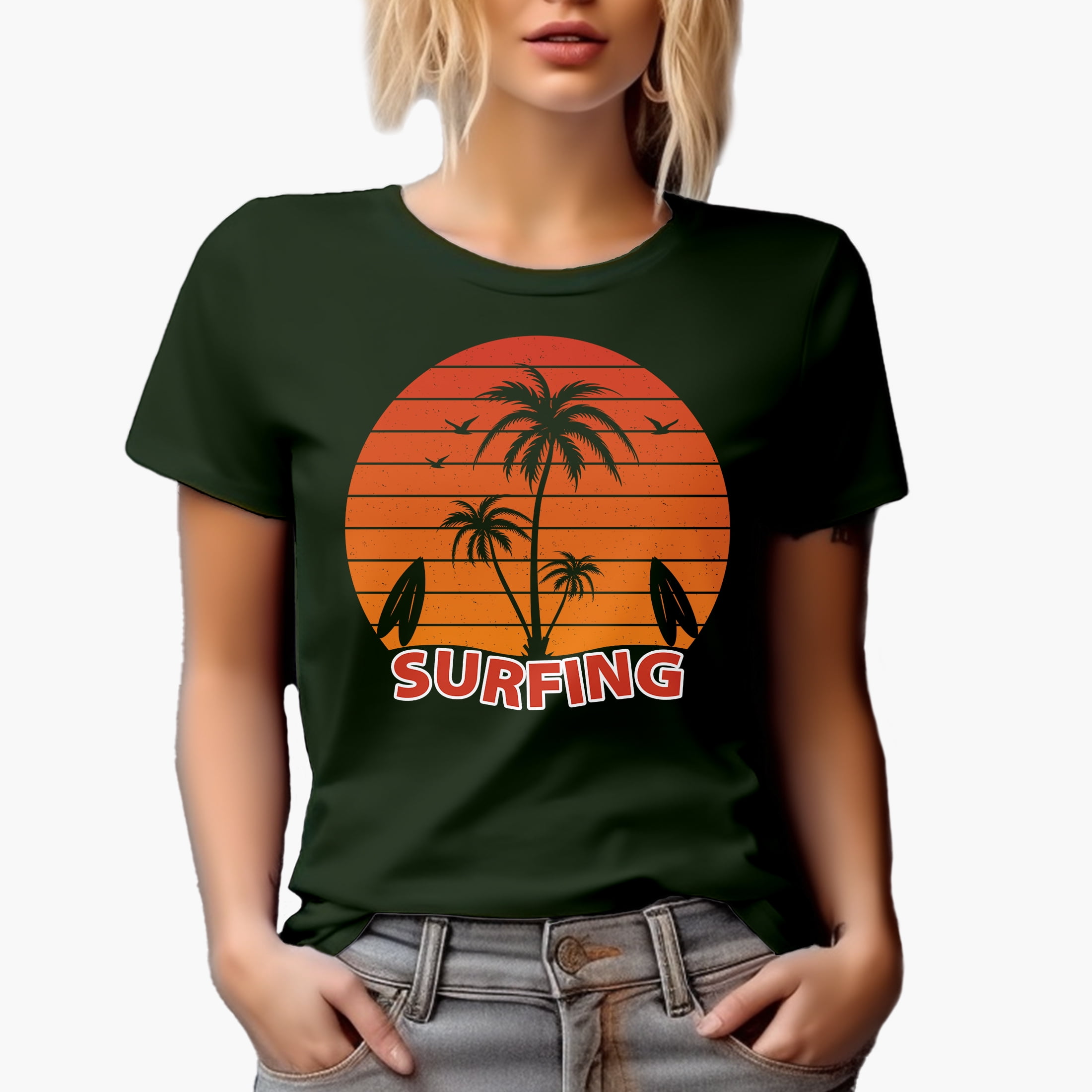 Surfing with Retro Gradient Sunset, Palm Trees & Surfboards, Military Green T-Shirt, 3XL