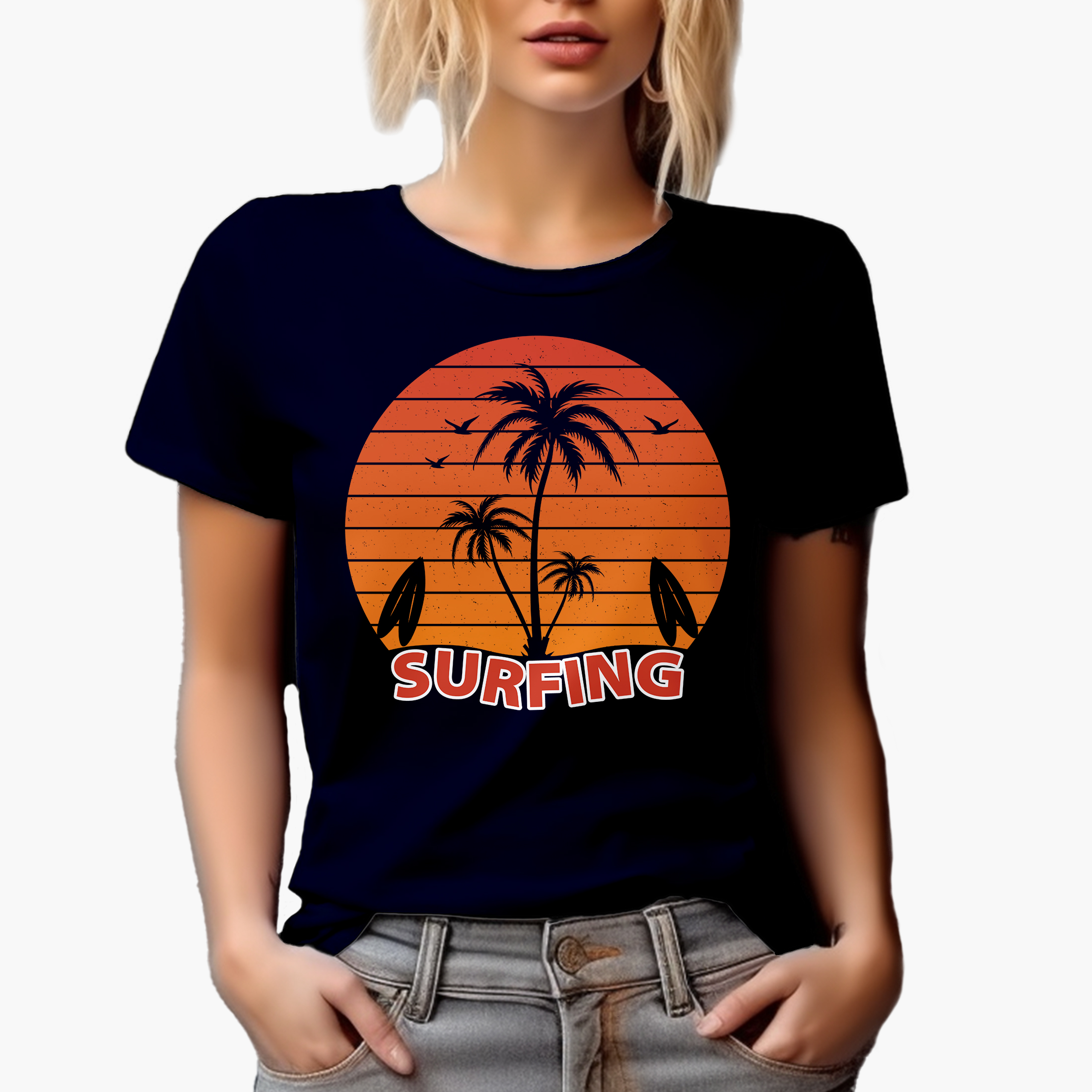 Surfing with Retro Gradient Sunset, Palm Trees & Surfboards, Navy Blue T-Shirt, 3XL