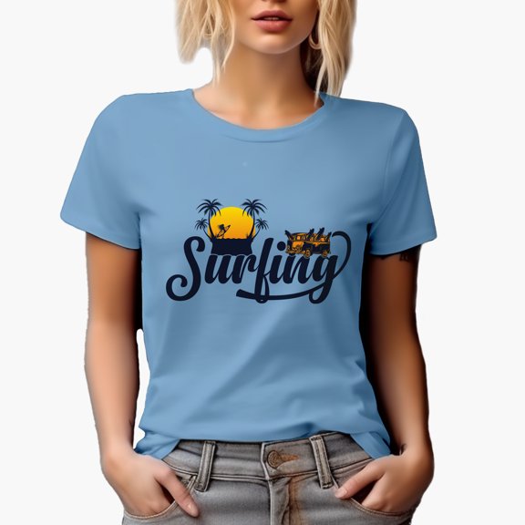 Surfing with Surf Van, Surfer & Palm Trees, Baby Blue T-Shirt, XL