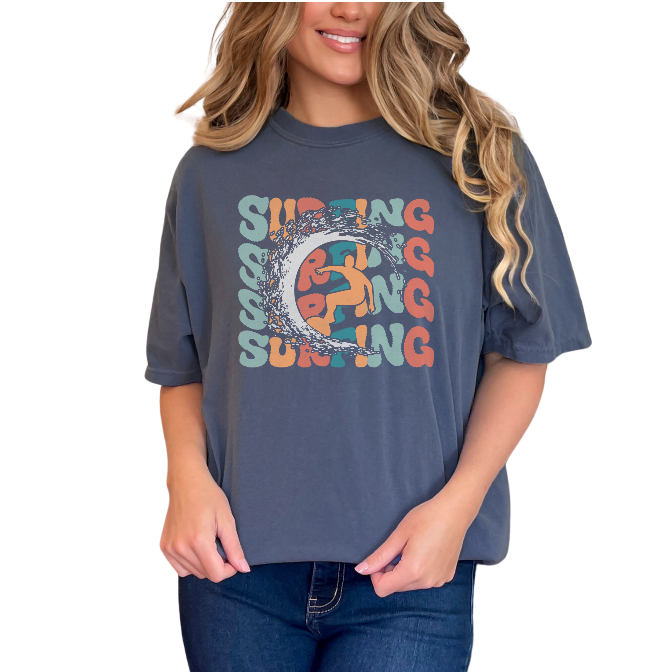 Surfing with a Breaker & Surfer Image,, Groovy Retro Wavy Text, Denim Comfort Colors T-Shirt, XL