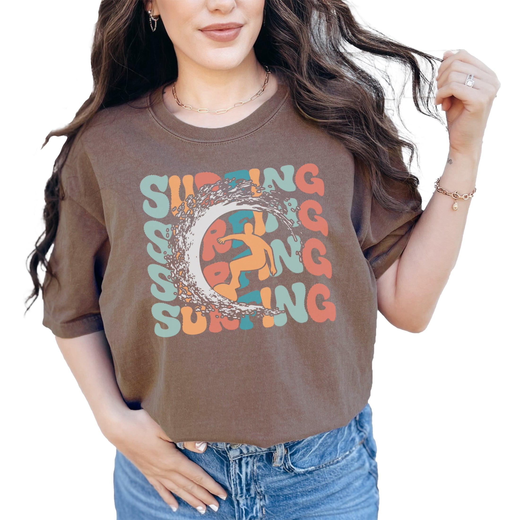 Surfing with a Breaker & Surfer Image,, Groovy Retro Wavy Text, Espresso Comfort Colors T-Shirt, 3XL