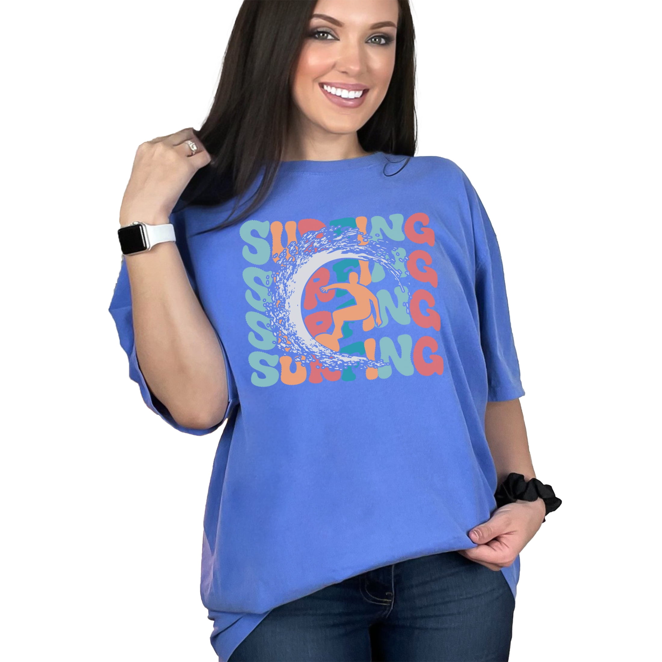 Surfing with a Breaker & Surfer Image,, Groovy Retro Wavy Text, Flo Blue Comfort Colors T-Shirt, Medium
