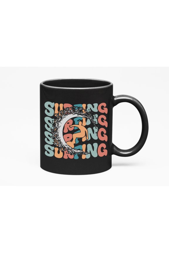 Surfing with a Breaker & Surfer Image,, Groovy Retro Wavy Text Merch Gift, Black 11oz Ceramic Mug