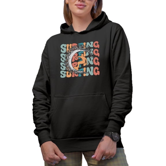 Surfing with a Breaker & Surfer Image,, Groovy Retro Wavy Text Merch Gift, Black Hooded Sweatshirt or Hoodie, Medium