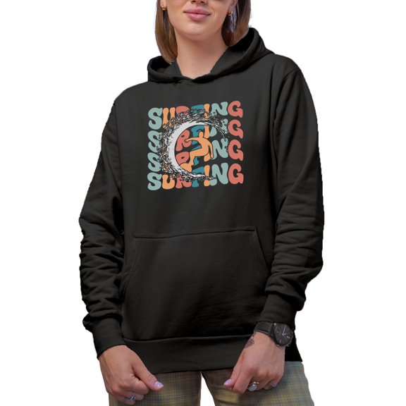 Surfing with a Breaker & Surfer Image,, Groovy Retro Wavy Text Merch Gift, Black Hooded Sweatshirt or Hoodie, XL