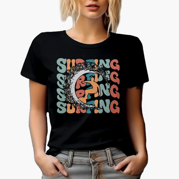 Surfing with a Breaker & Surfer Image,, Groovy Retro Wavy Text Merch Gift, Black T-Shirt, 2XL