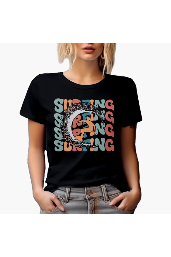 Surfing with a Breaker & Surfer Image,, Groovy Retro Wavy Text Merch Gift, Black T-Shirt, Large