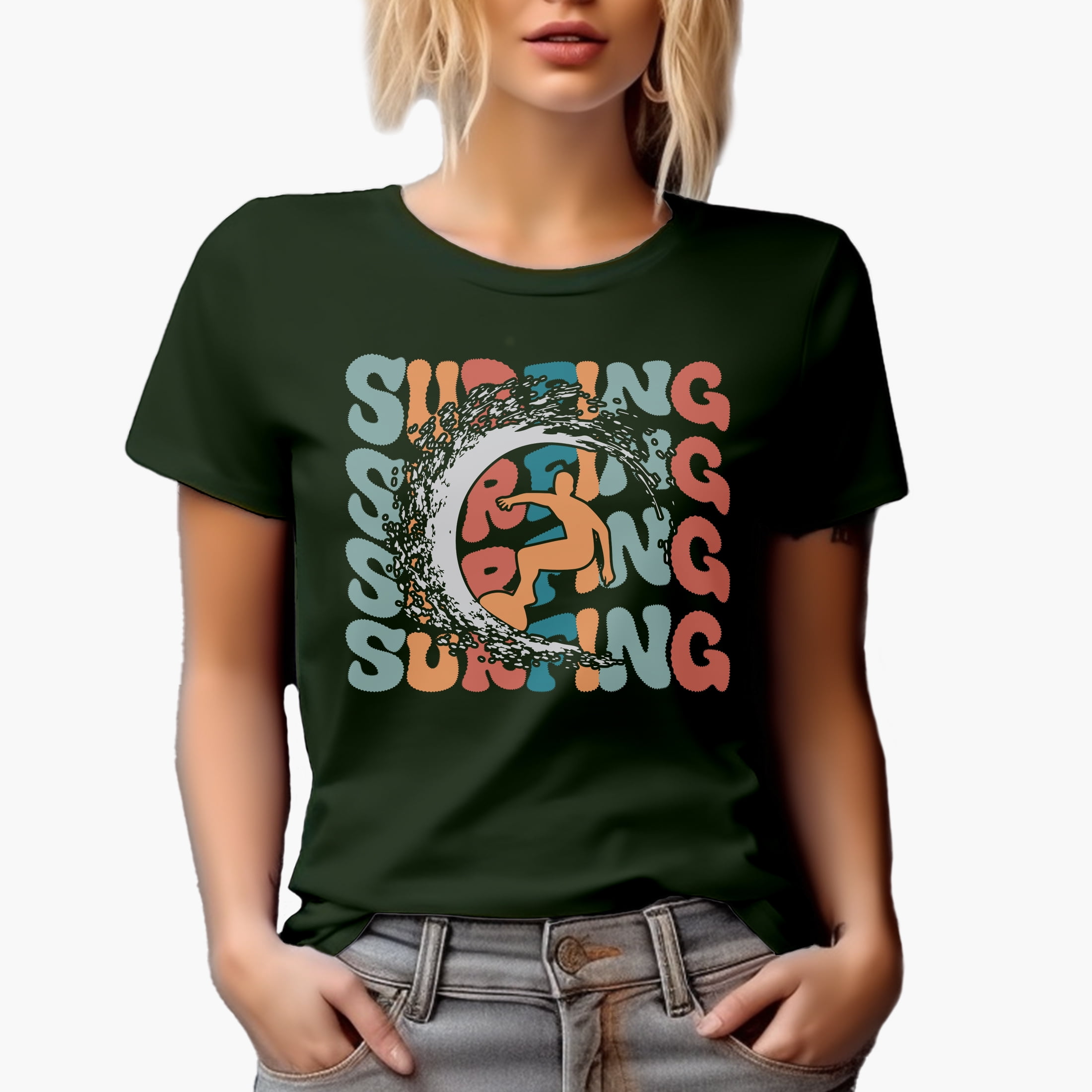 Surfing with a Breaker & Surfer Image,, Groovy Retro Wavy Text Merch Gift, Military Green T-Shirt, Large